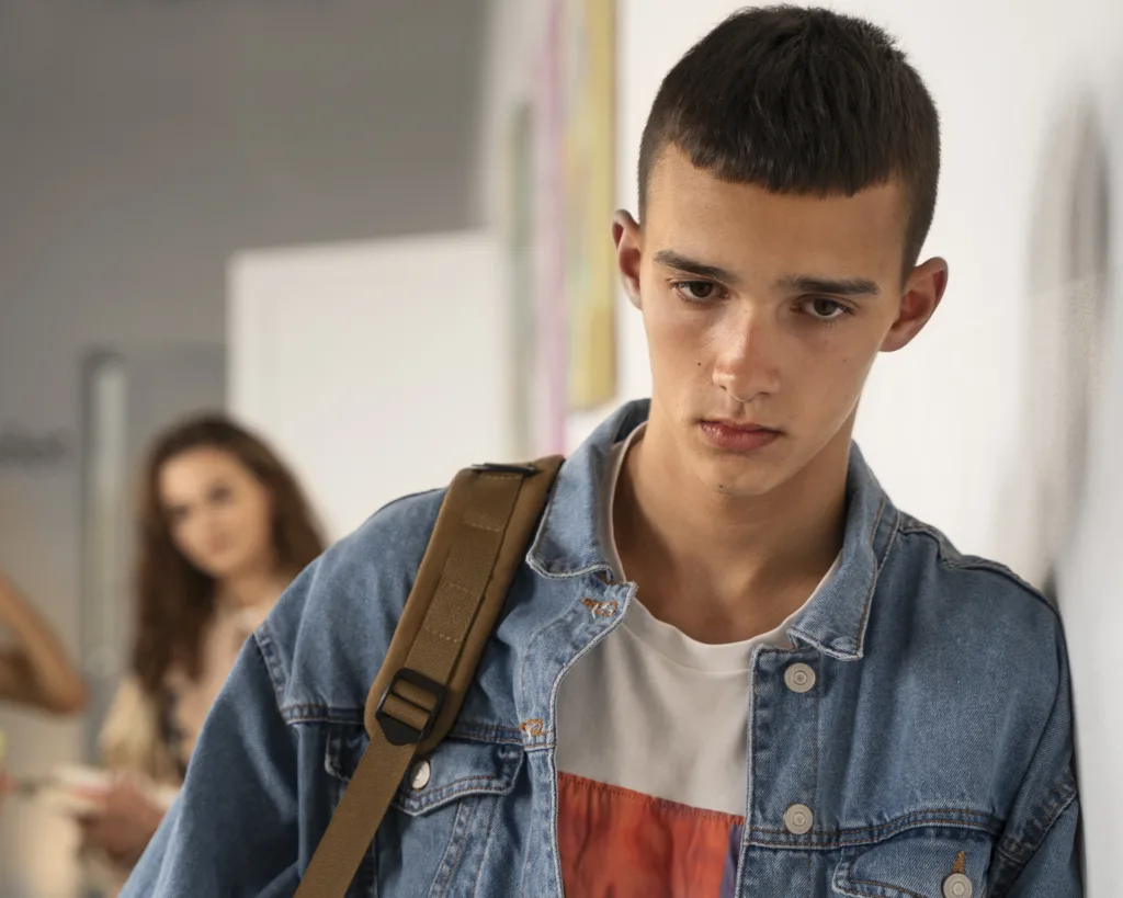 Sad teenage boy leaning on the wall
